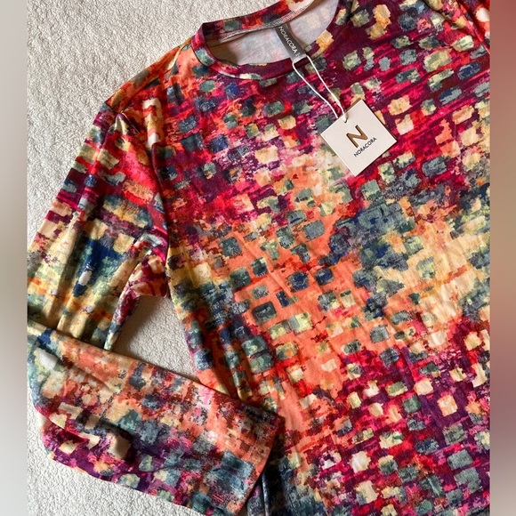 NWT vibrant impressionist block print long sleeve tee, red orange Noracora, Sz S - Picture 2 of 10
